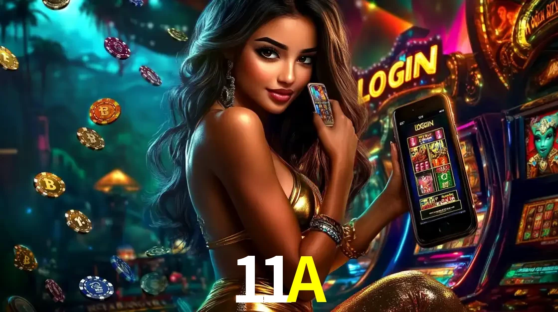 Jogos de Cassino e Slots Temáticos na 11A Mulher em um cenário de cassino temático de aventura, mostrando o app de caça-níqueis da 11A no celular. Fichas de apostas flutuam ao redor.