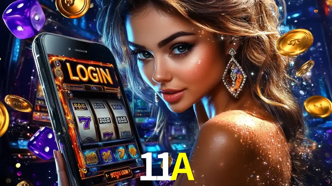 Faça Login e Jogue nos Melhores Caça-Níqueis | 11A Mulher glamorosa segurando um smartphone com a tela de login para os jogos de caça-níqueis do cassino online 11A, com moedas de ouro e dados ao redor.
