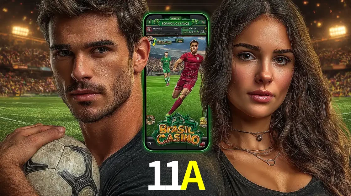 Apostas Esportivas e Cassino Online no Brasil | 11A Homem segurando uma bola de futebol e uma mulher ao lado de um smartphone exibindo o jogo de apostas esportivas da 11A. Faça seu palpite no cassino online.